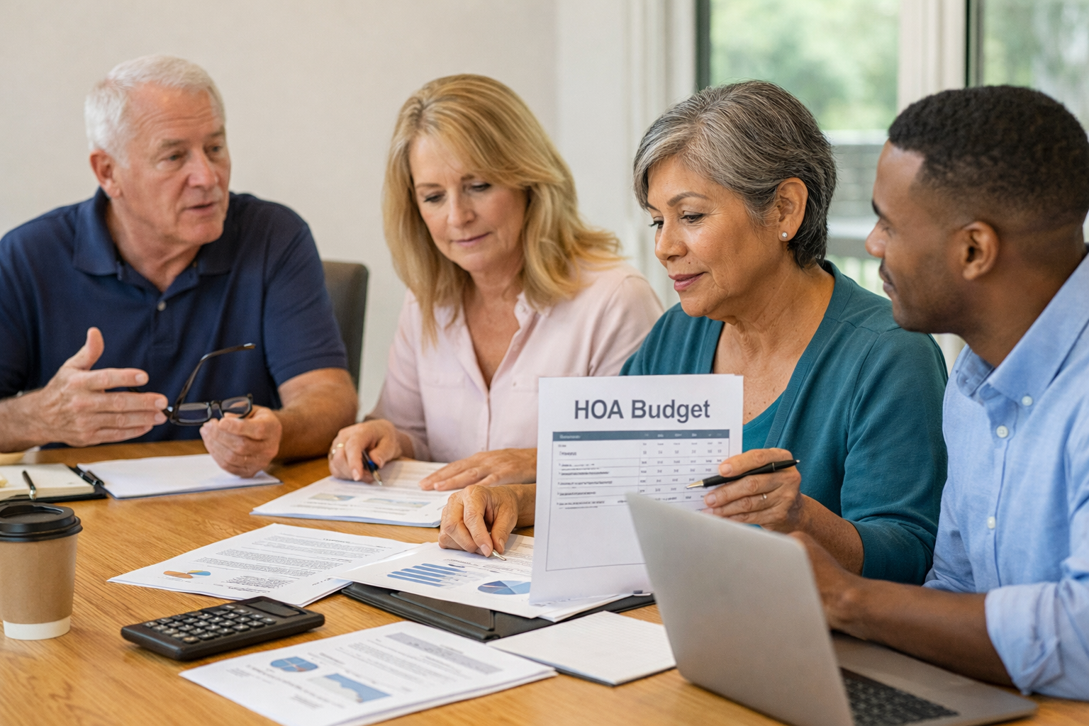 Homeowners association board reviewing budget documents at a meeting