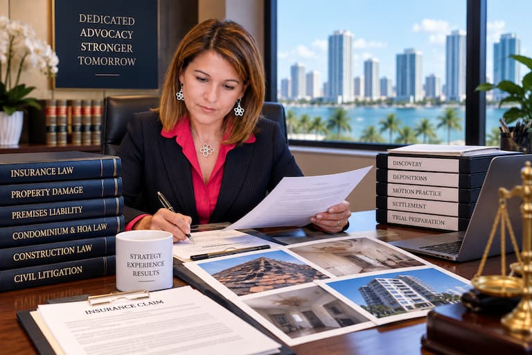 Miami insurance defense attorney reviewing insurance claims and legal documents