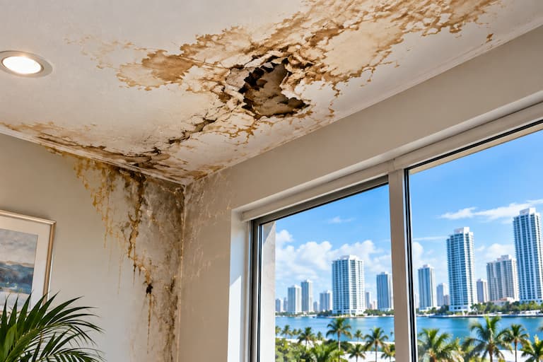 Property damage from water intrusion in a Miami home for an insurance claim